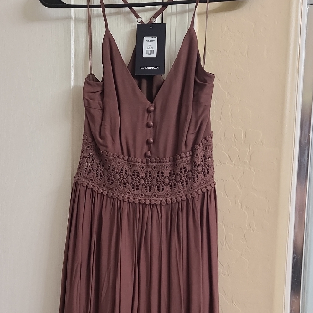 Fashion Nova Brown Spaghetti-Strap Crochet-Waist Maxi Dress